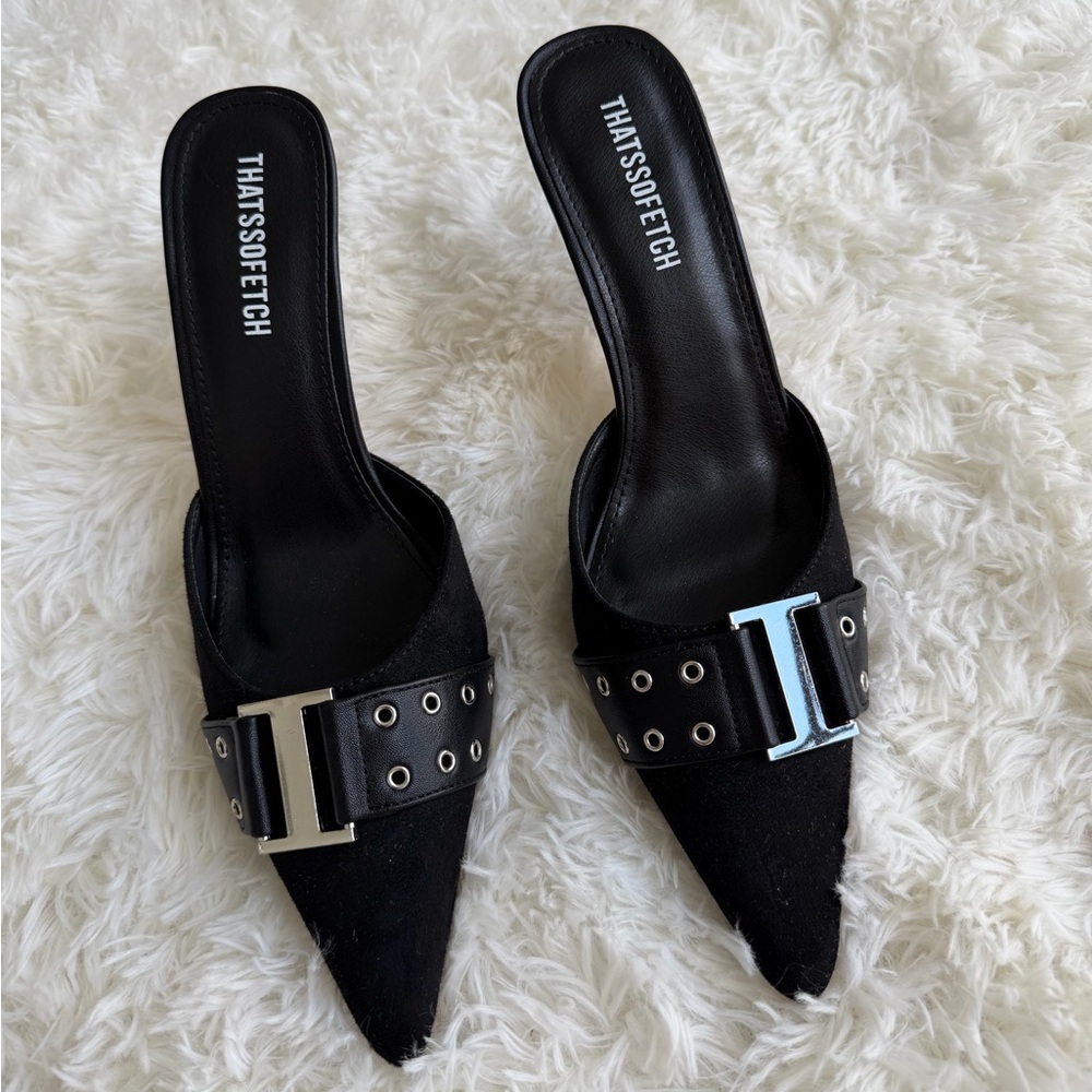 Thatsofetch Black Women's Mules with Silver Accents